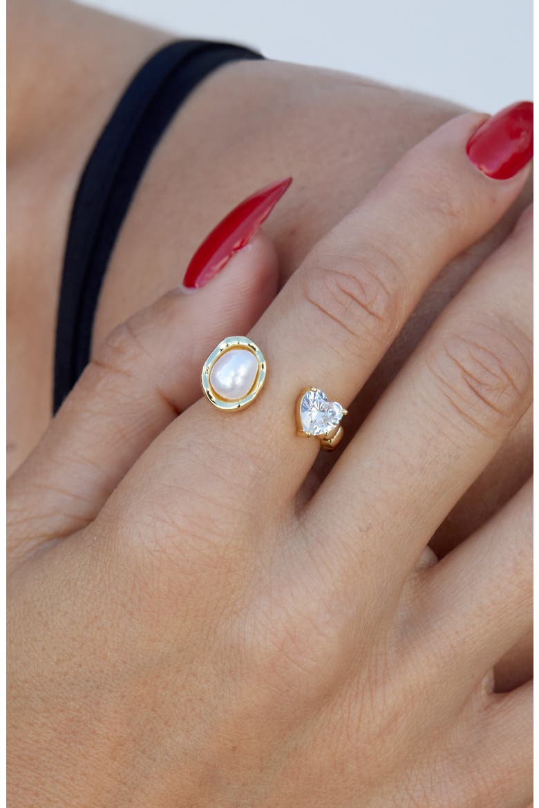 Cubic Zirconia Heart & Faux Pearl Open Band Ring, Alternate, color, YELLOW GOLD