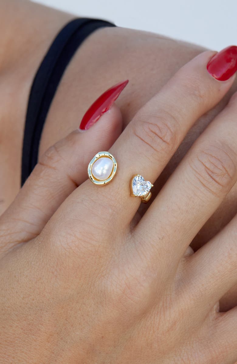 SAVVY CIE JEWELS Cubic Zirconia Heart & Faux Pearl Open Band Ring, Alternate, color, 