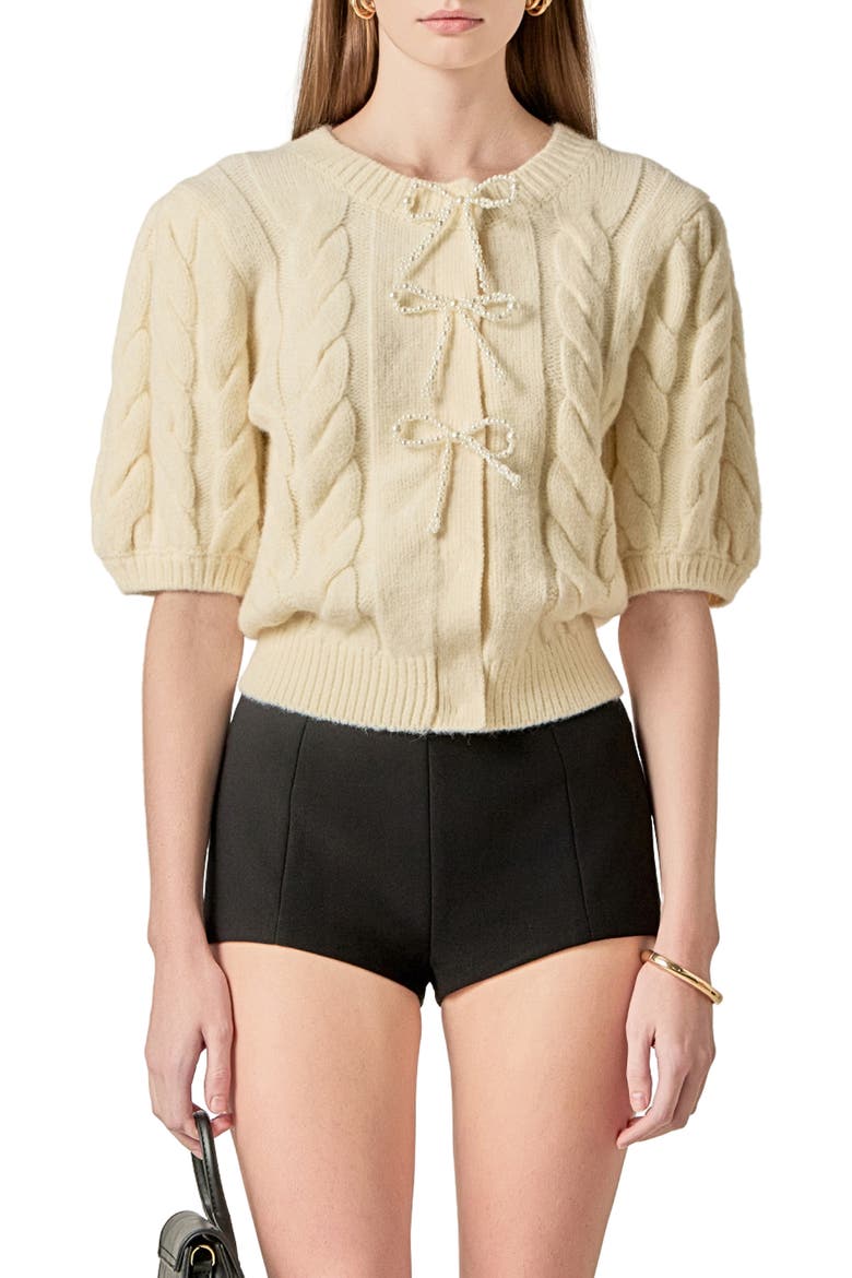 Bow Front Cable Stitch Cardigan, Main, color, CREAM