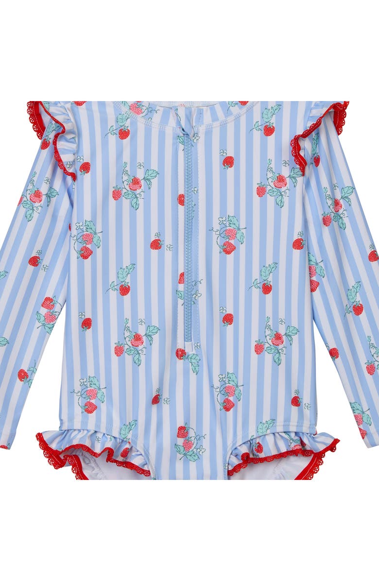 OSHKOSH BGOSH Ruffled Long Sleeve One-Piece Rashguard Swimsuit & Hat Set, Alternate, color, Sky Blue