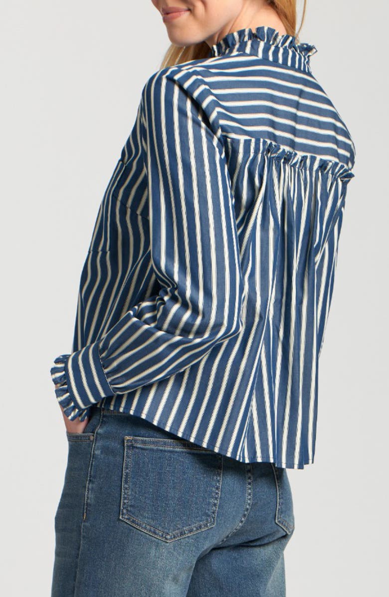 APNY Stripe Ruffle Trim Cotton Button-Up Shirt, Alternate, color, Navy/ Off White