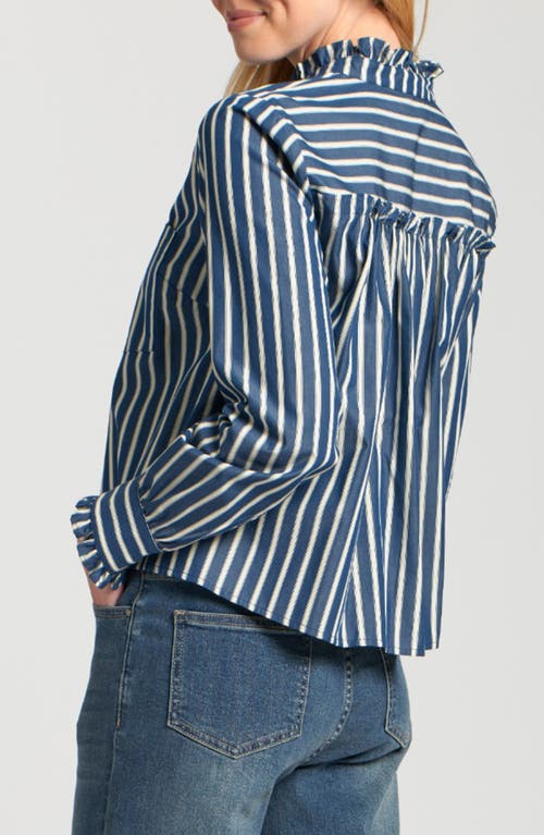 Apny Stripe Ruffle Trim Cotton Button-up Shirt In Blue