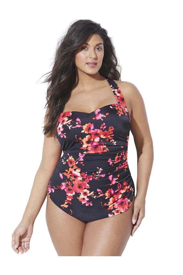 Chlorine Resistant H-Back Sarong Front One Piece Swimsuit, Main, color, New Poppies