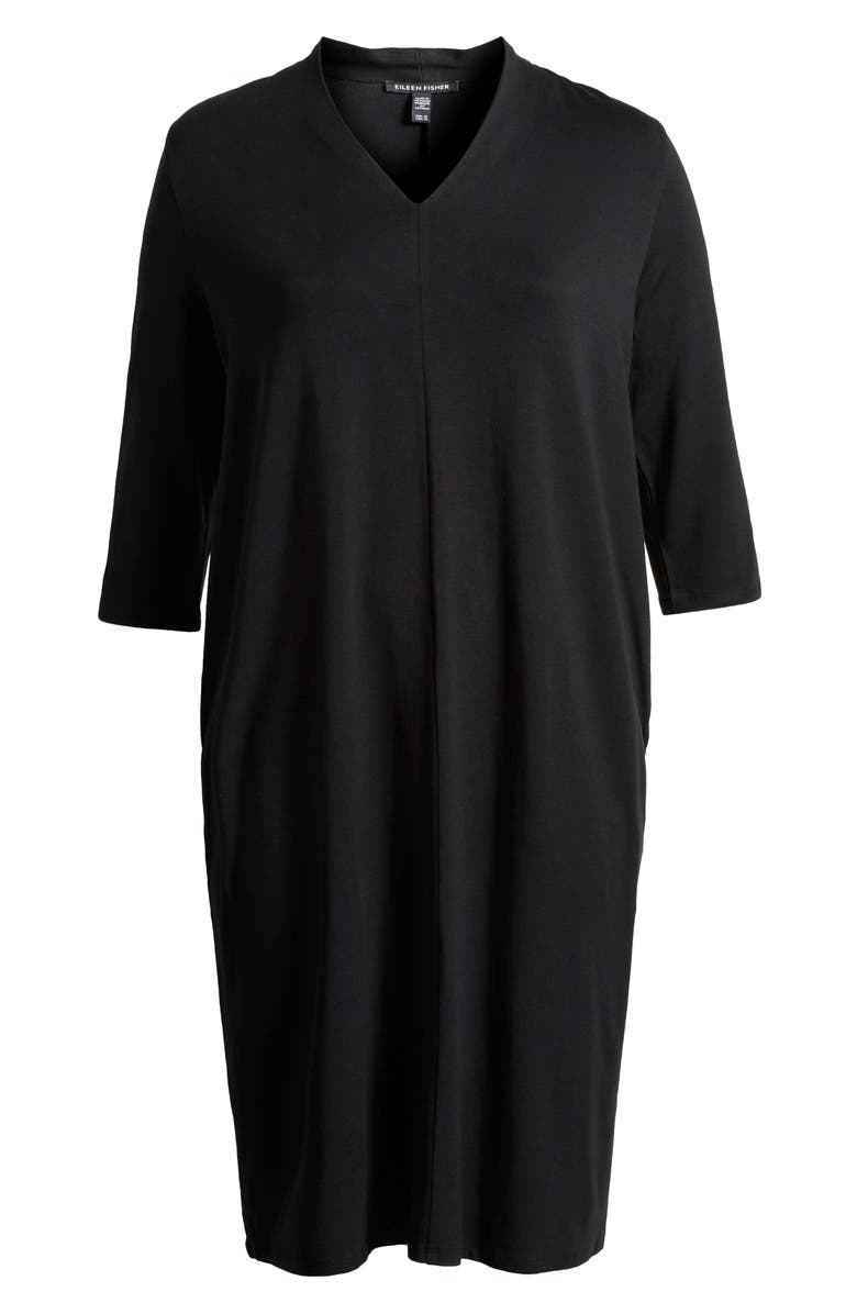 Eileen Fisher Quarter Sleeve V-Neck Midi Dress, Alternate, color, Black