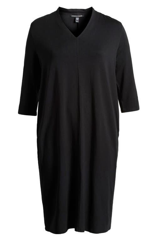Eileen Fisher Quarter Sleeve V-neck Midi Dress In Black