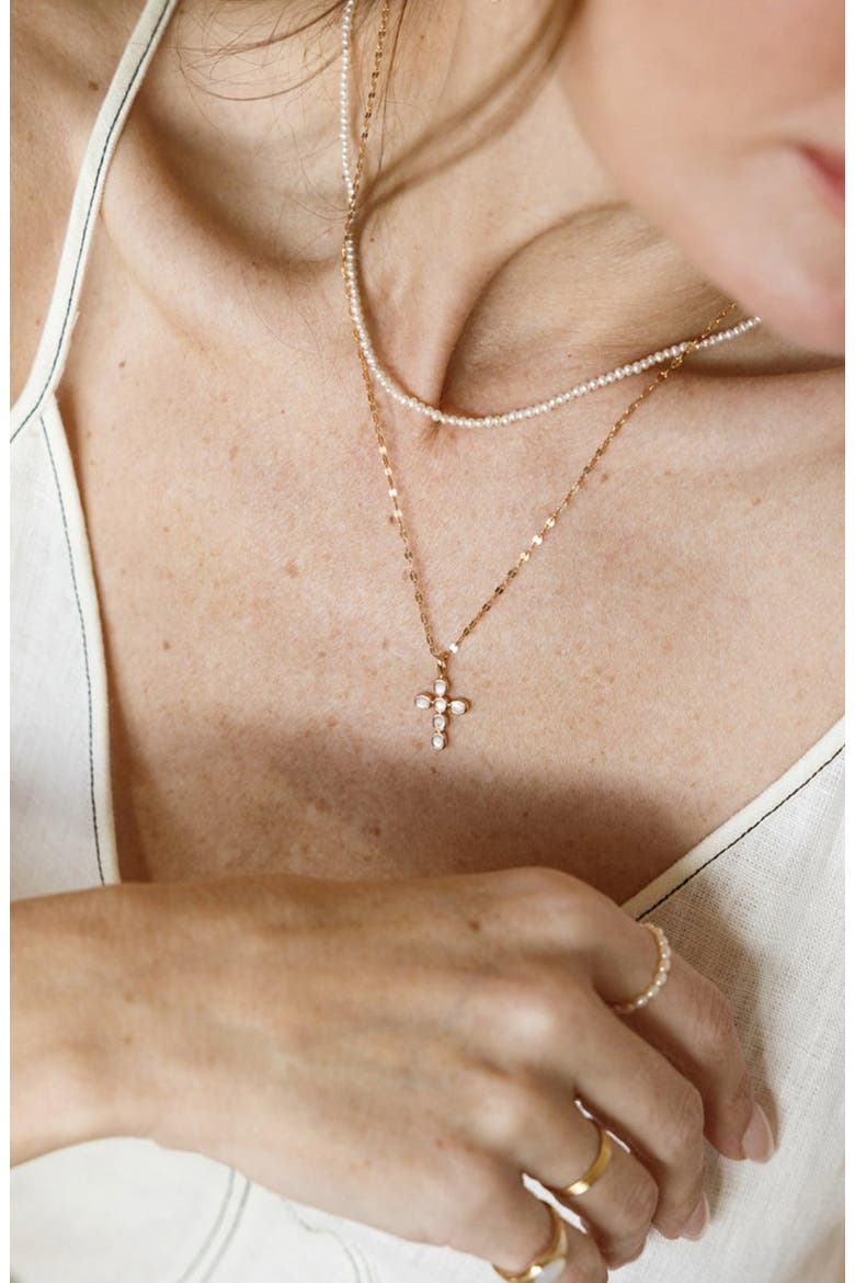 Mother of Pearl Cross Charm Necklace, Alternate, color, Gold Vermeil