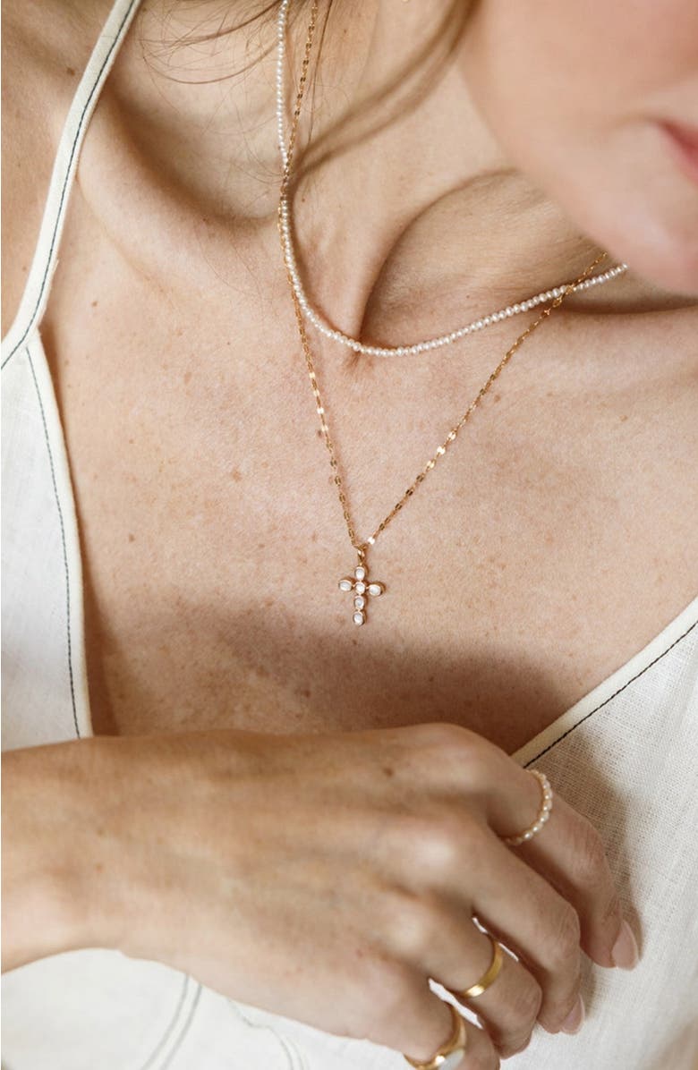 MADE BY MARY Mother of Pearl Cross Charm Necklace, Alternate, color, Gold Vermeil