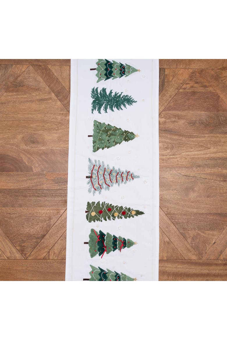 Woven Pine Forest Trees and Bows Christmas Runner 14" x 54", Alternate, color, Green
