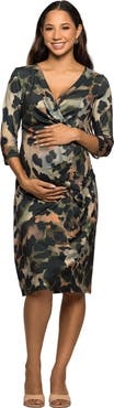 24seven Comfort Apparel Three Quarter Sleeve Faux Wrap Dress in Animal Print
