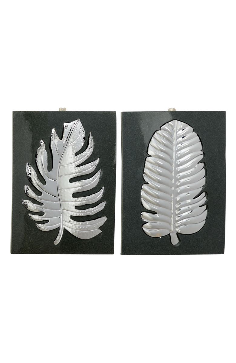 WILLOW ROW Modern Style Rectangular Metallic Silvertone Leaf Wall Decor Plaque - Set of 2, Main, color, Silver