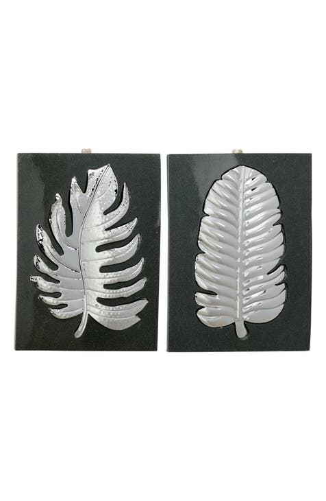 Modern Style Rectangular Metallic Silvertone Leaf Wall Decor Plaque - Set of 2