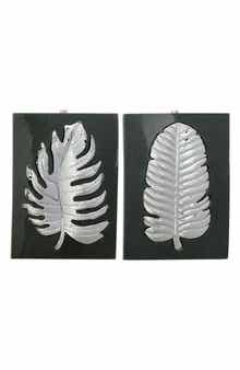 WILLOW ROW Modern Style Rectangular Metallic Silvertone Leaf Wall Decor Plaque - Set of 2