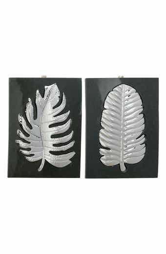 WILLOW ROW Modern Style Rectangular Metallic Silvertone Leaf Wall Decor Plaque - Set of 2