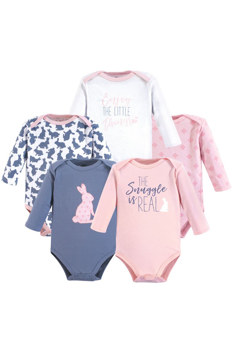 Yoga Sprout Multipack Five Long-Sleeve Bodysuits, Main, color, Snuggle Bunny