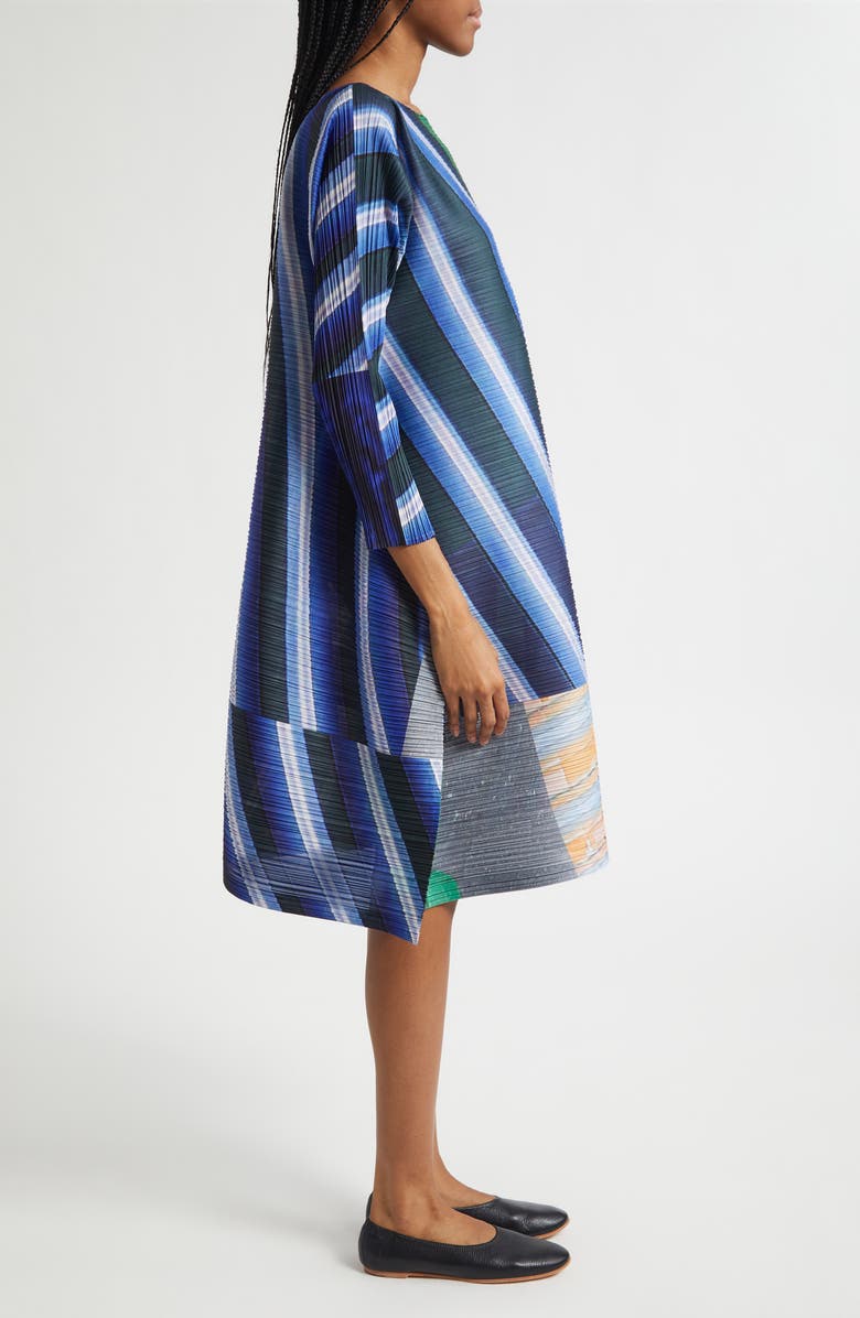 Pleats Please Issey Miyake City Collage Pleated Dress, Alternate, color, Gray X Navy