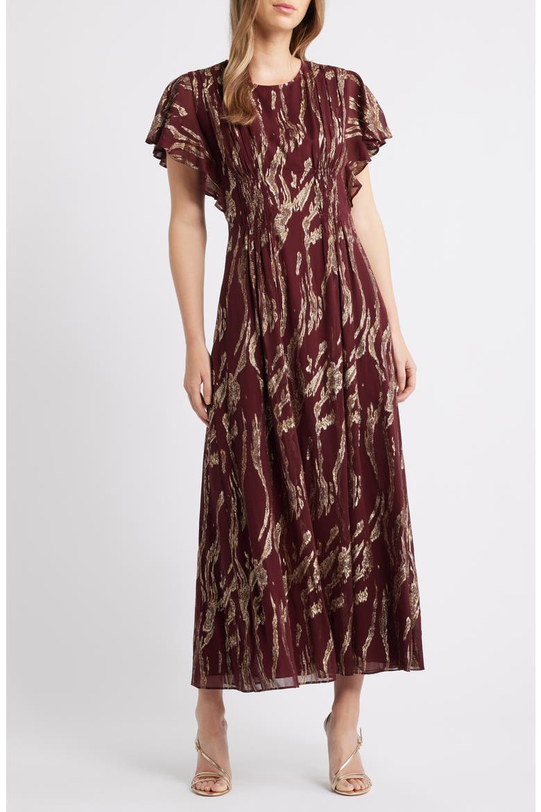 The Rose Metallic Flutter Sleeve Maxi Dress, Main, color, ZINFANDEL