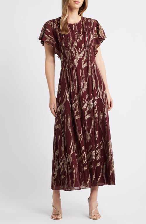 Parker The Rose Metallic Flutter Sleeve Maxi Dress In Burgundy