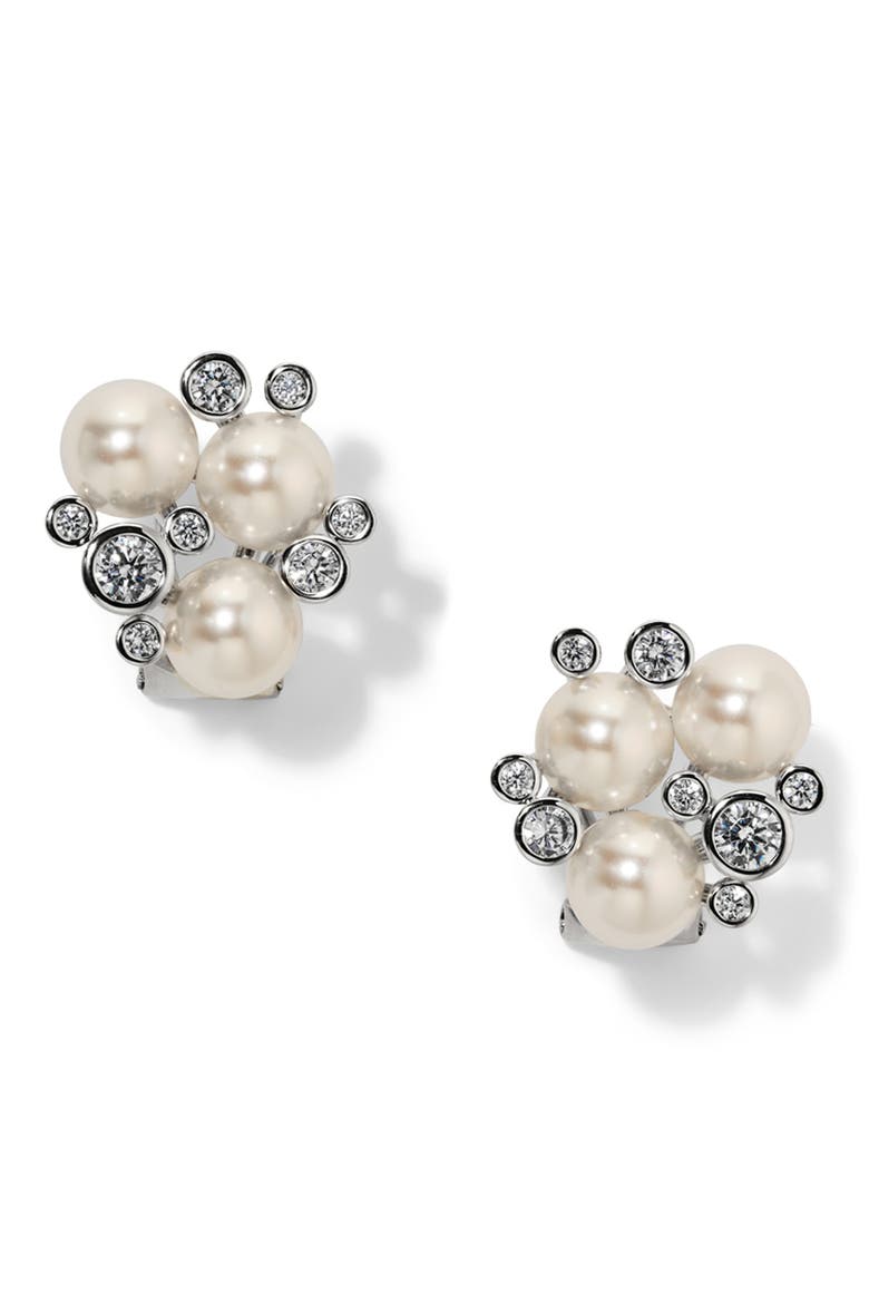 Imitation Pearl and Cubic Zirconia Cluster Stud Earrings, Main, color, RHODIUM