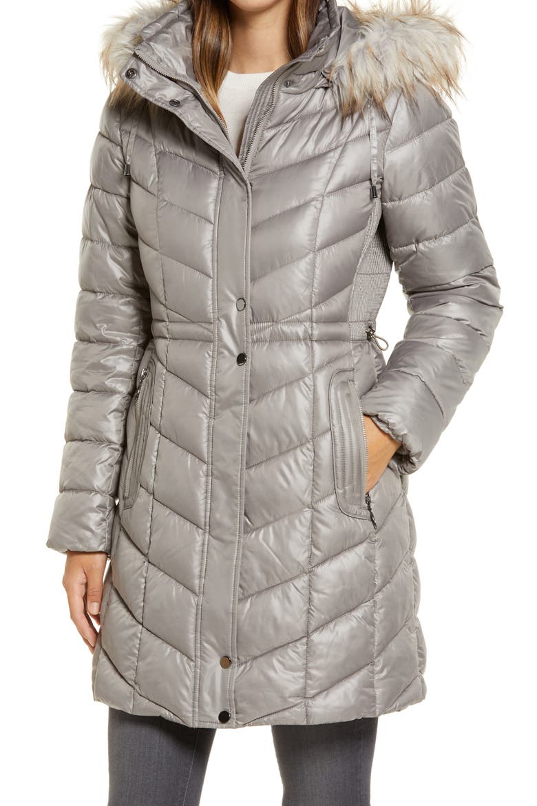 Faux Fur Trim Hooded Puffer Jacket, Alternate, color, GRANITE