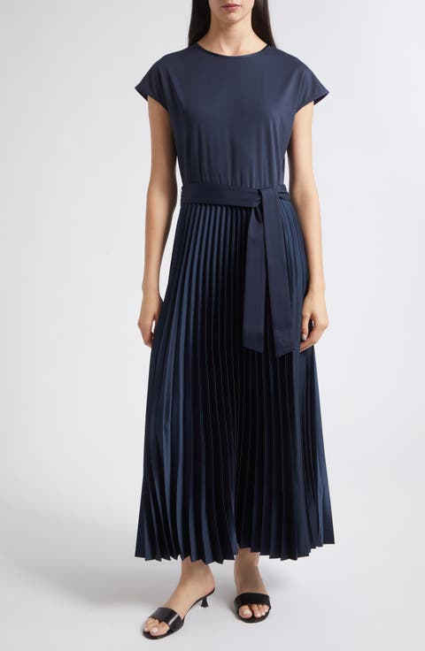 Tie Waist Pleated Satin Maxi Dress