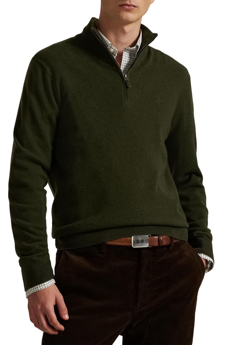 Polo Ralph Lauren Regular Fit Wool Quarter Zip Sweater, Main, color, Leaf Green Heather
