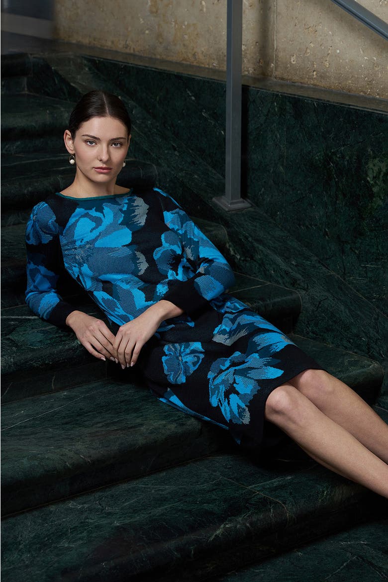 Floral Jacquard Soft Knit Midi Dress, Alternate, color, Deep Teal