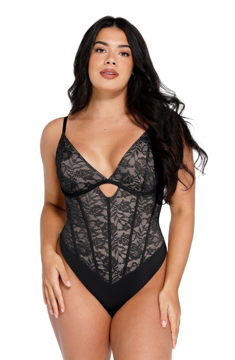 Popilush Shapewear Cutout Corset Hourglass Sculpting Lace Bodysuit, Main, color, Charcoal Black