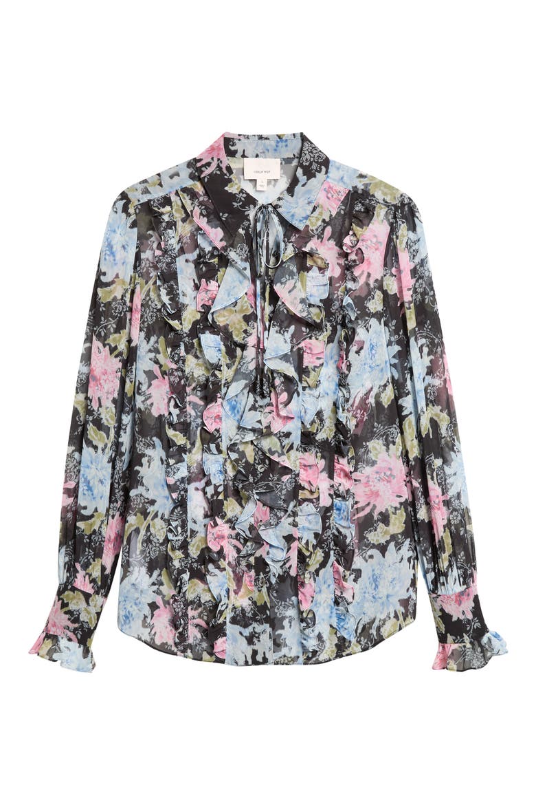Phebe Ikat Dahlia Ruffled Top, Alternate, color, BLACK MULTI