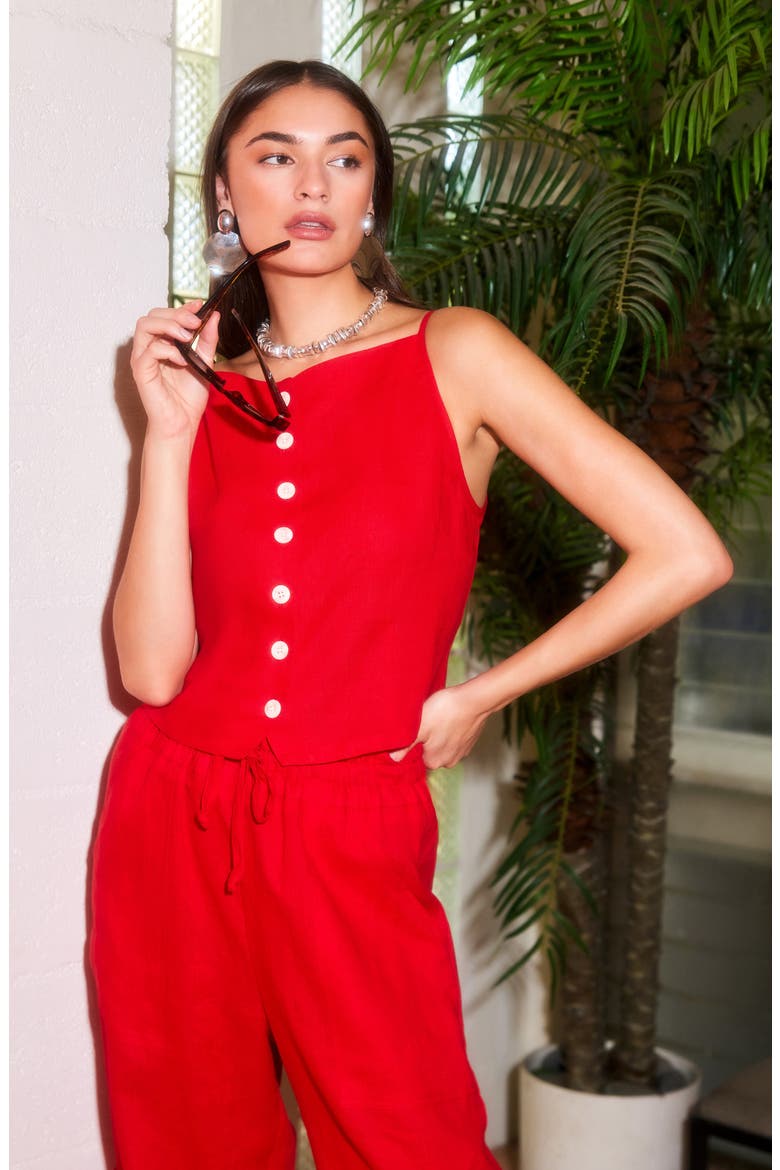 Elis Linen Button-Up Top, Alternate, color, CHERRY