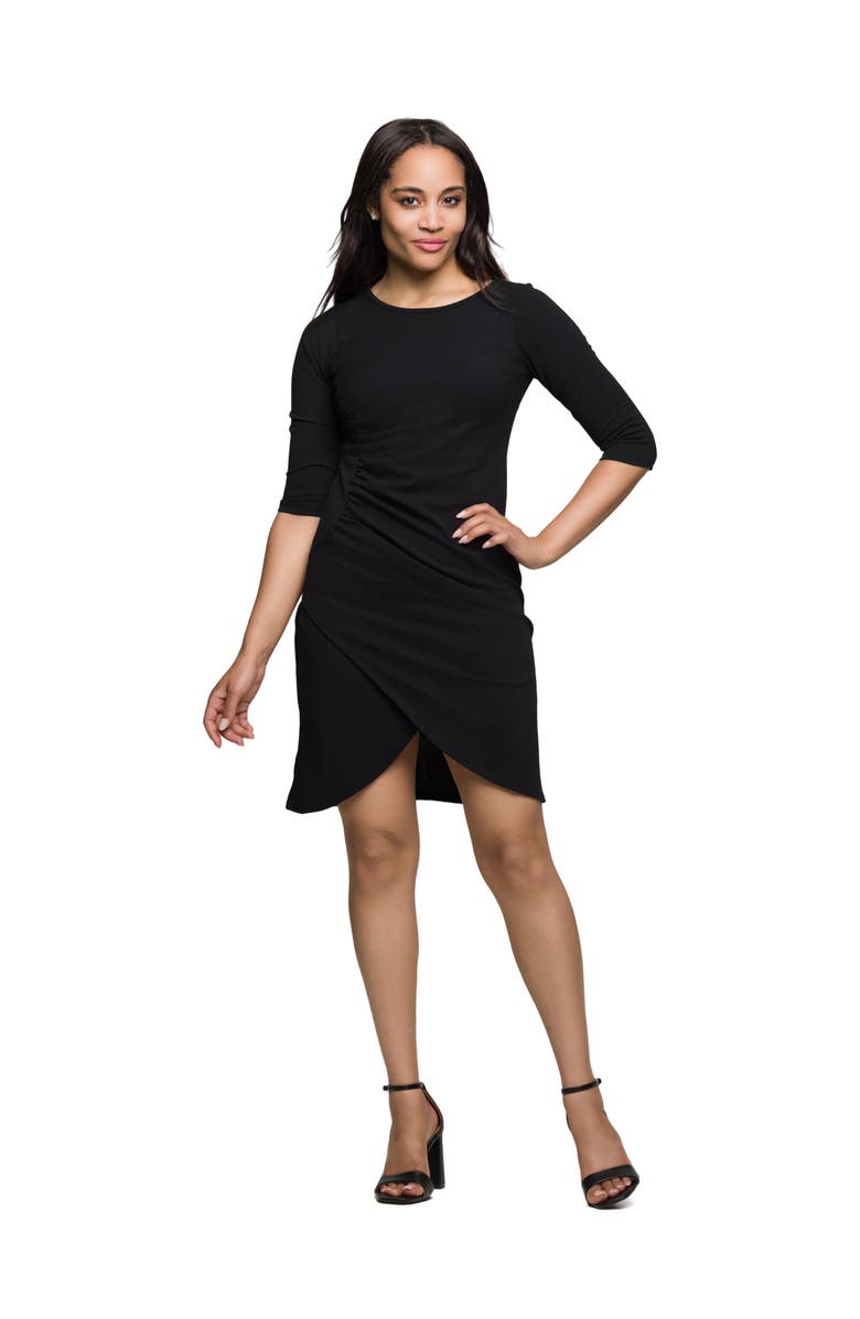 24seven Comfort Apparel Three Quarter Sleeve Ruched Tulip Hem Mini Dress, Main, color, Black