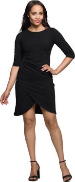 24seven Comfort Apparel Three Quarter Sleeve Ruched Tulip Hem Mini Dress