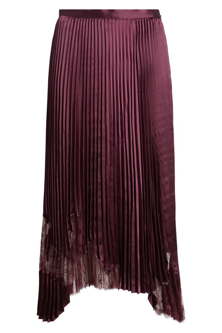 Velacey Lace Detail Pleated Asymmetric Satin Skirt, Alternate, color, DK PRPLE