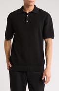 DENIM AND FLOWER Black Short Sleeve Textured Cotton Polo Sweater