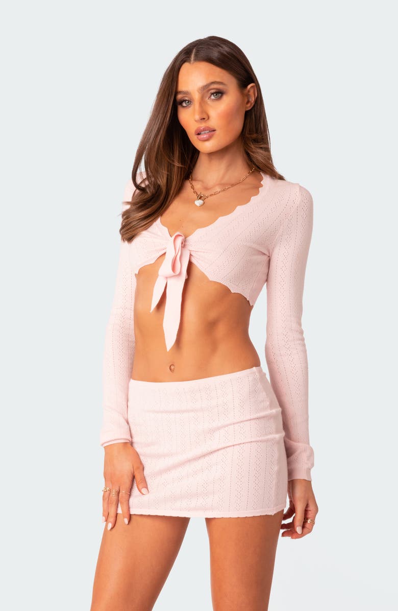 EDIKTED Pointelle Tie Front Crop Top, Alternate, color, 