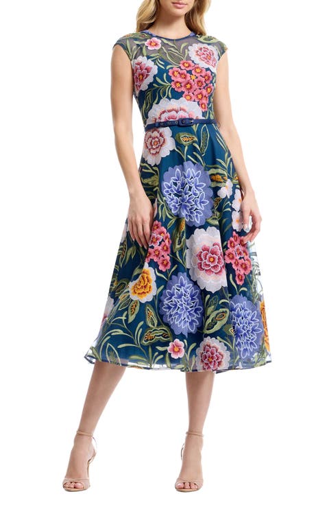 Serenity Floral Embroidery Cocktail Midi Dress