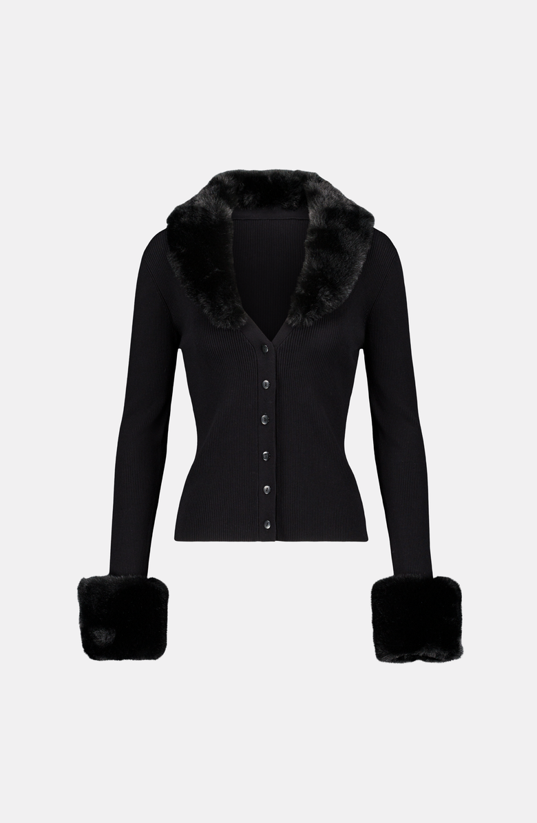 SAEMDI Faux Fur Trim Cardigan, Main, color, Black