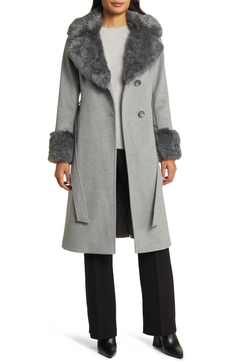 Wool Blend Belted Coat with Faux Fur Trim, Alternate, color, HEATHER GREY