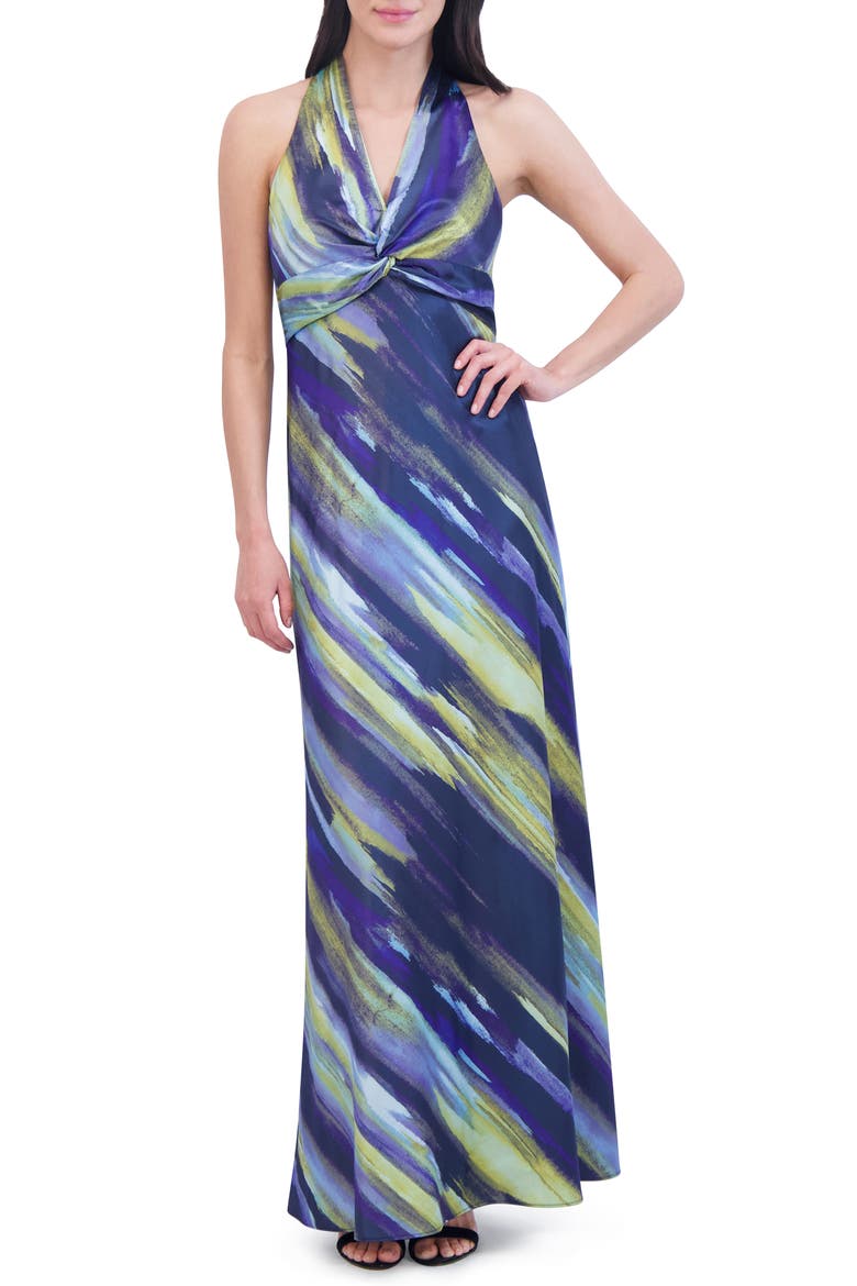 Abstract Print Knot Front Satin Gown, Main, color, NAVY MULTI