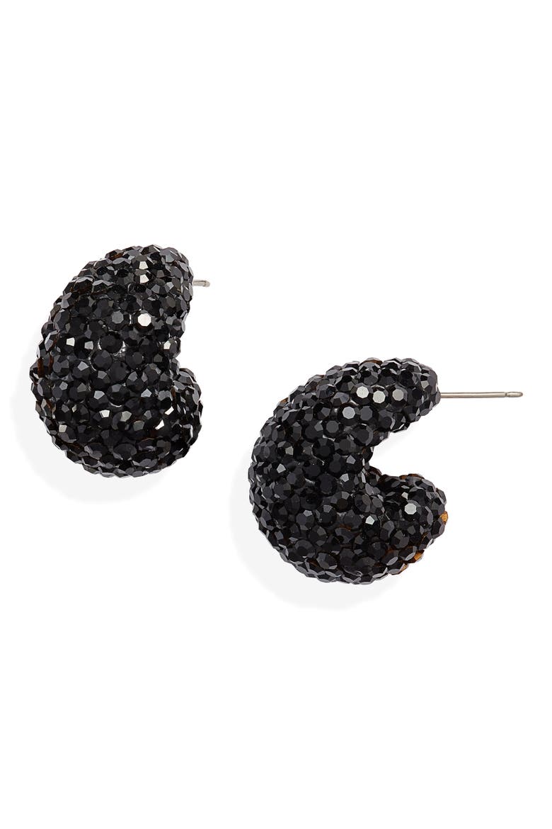 clay pavé huggie hoop earrings, Main, color, JET