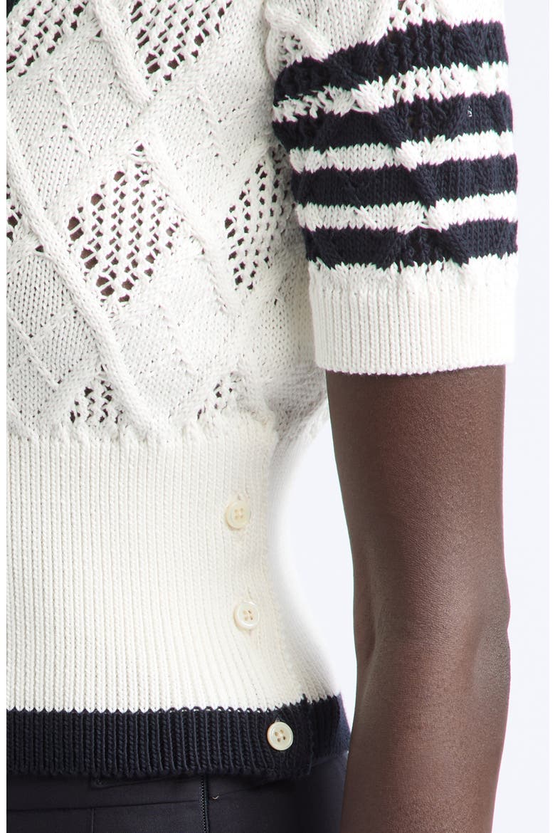 4-Bar Argyle Pointelle Stitch Short Sleeve Cardigan, Alternate, color, WHITE