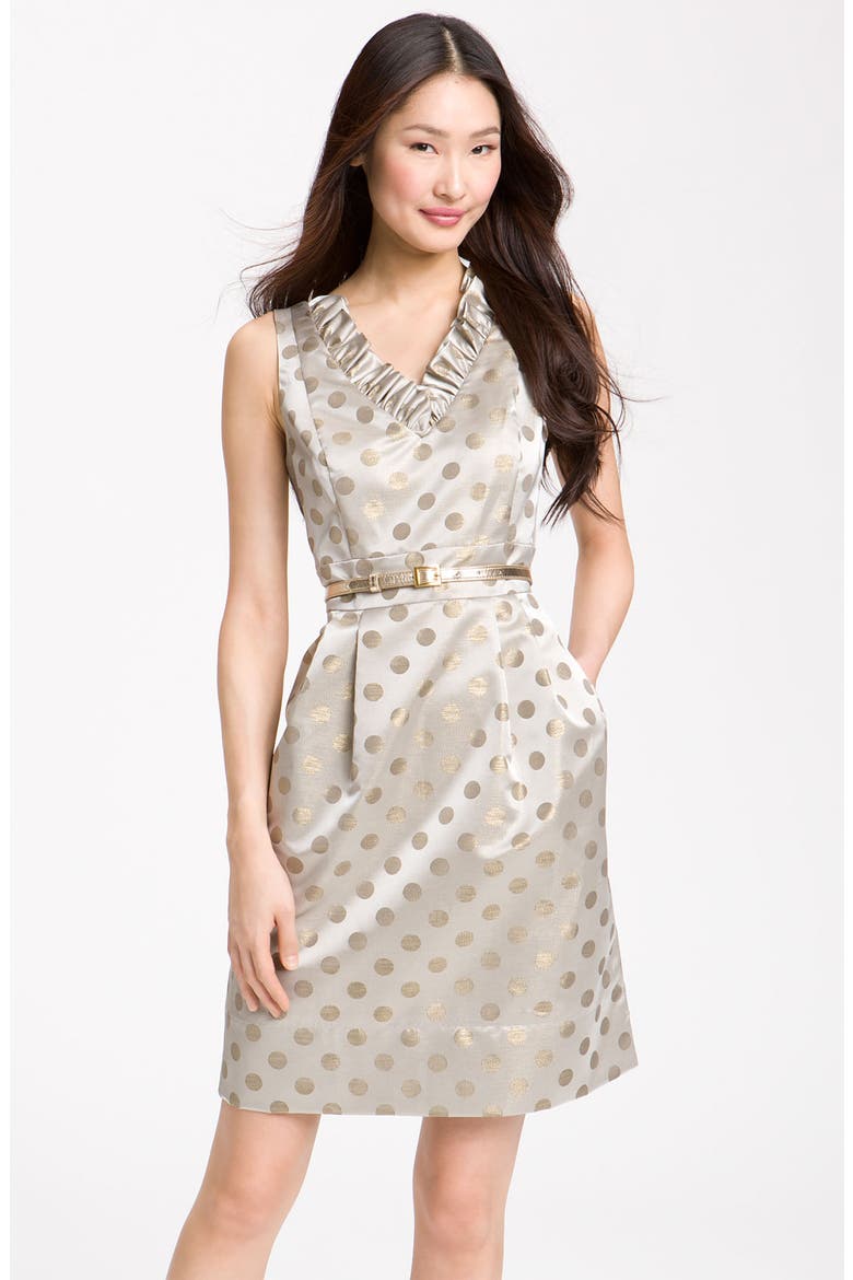 Belted Ruffle Satin Sheath Dress, Main, color, DOT