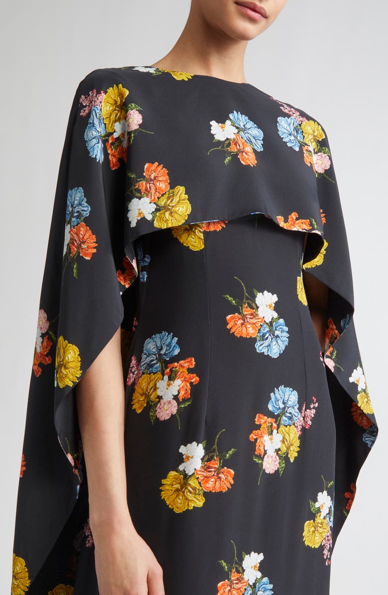 Emilia Wickstead Alphonse Floral Silk Crêpe de Chine Cape Dress, Alternate, color, Retro Bouquet On Black