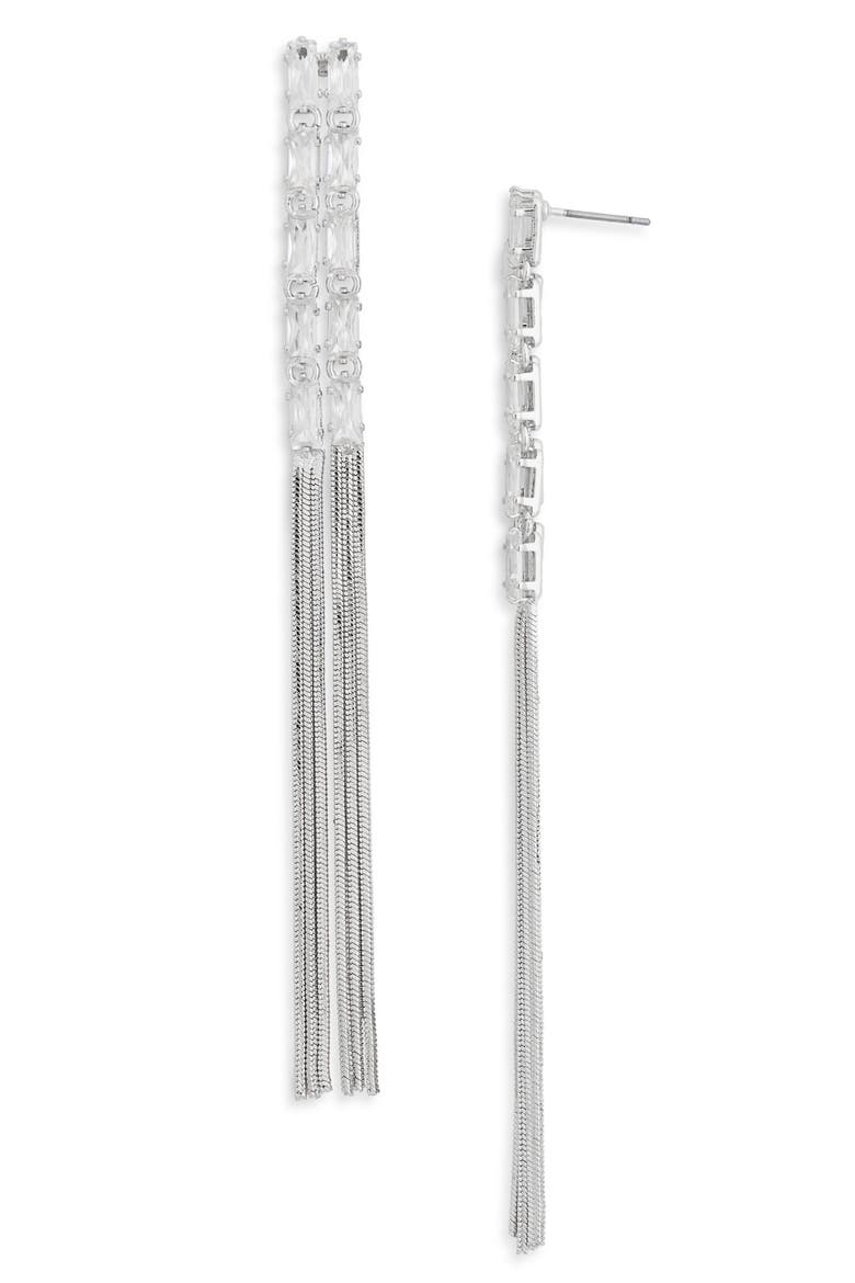 CZ Baguette Tassel Drop Earrings, Main, color, CLEAR- SILVER