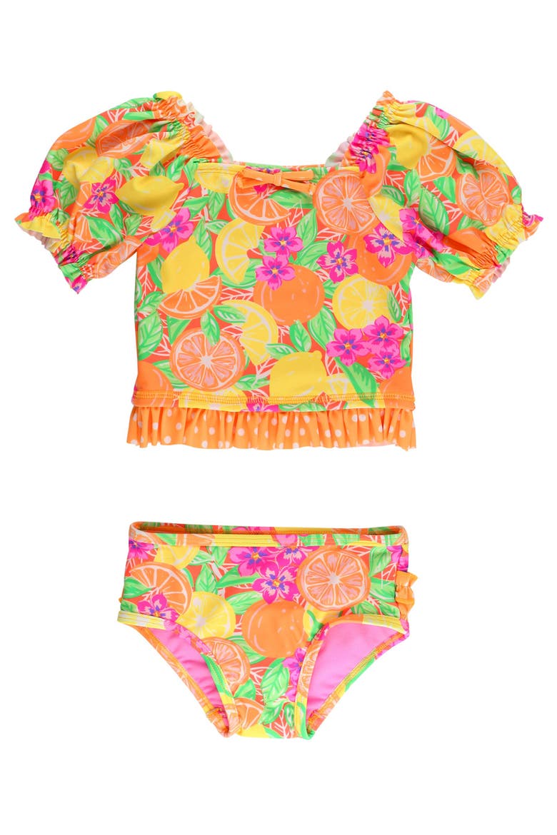 UPF50+ Puff Sleeve Ruffle Tankini 2-Piece Swimsuit, Main, color, Neon Squeeze the Day