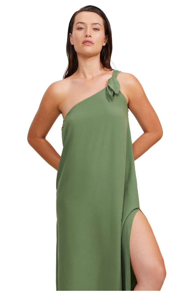 One Shoulder Sarong Style Maxi Dress Coverup, Main, color, Olive