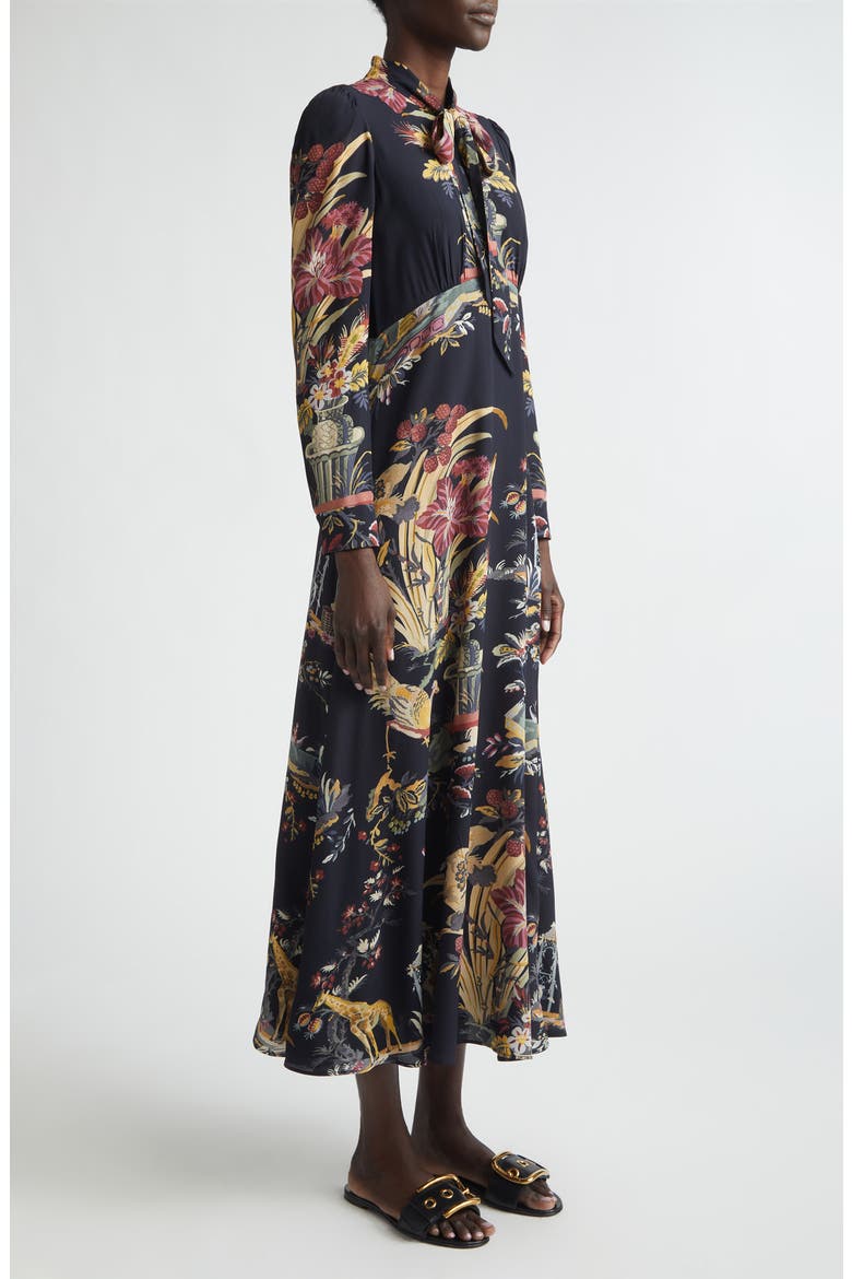 Placed Flower & Animal Print Tie Neck Long Sleeve Dress, Alternate, color, BLACK