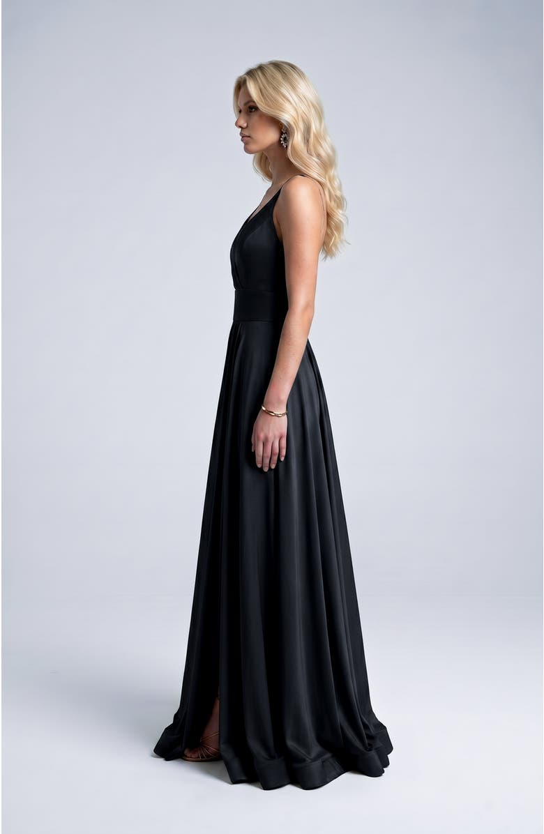 Jessica Angel Cross Front Neck Empire Waist Satin Gown, Alternate, color, Black