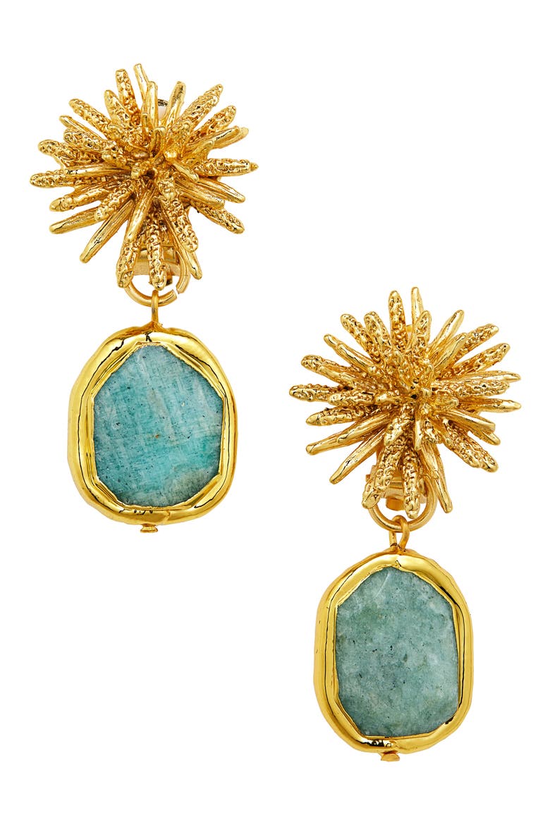 Amazonite Starburst Clip-On Earrings, Main, color, GOLD