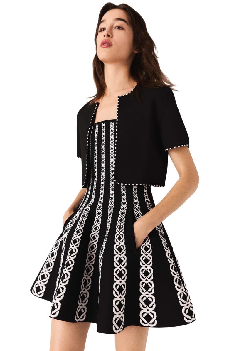 maje Cropped short sleeve cardigan, Alternate, color, Black/Ecru