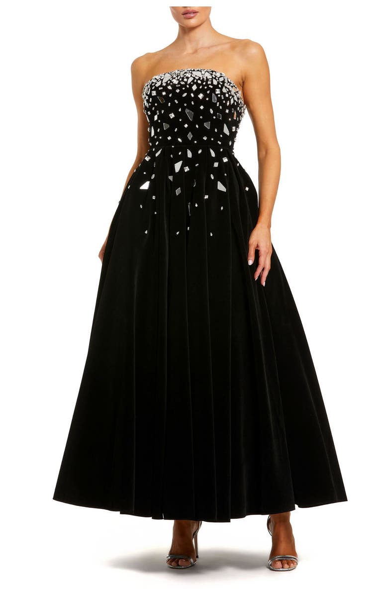 Mac Duggal Embellished Velvet Strapless A Line Ankle Dress, Main, color, Black